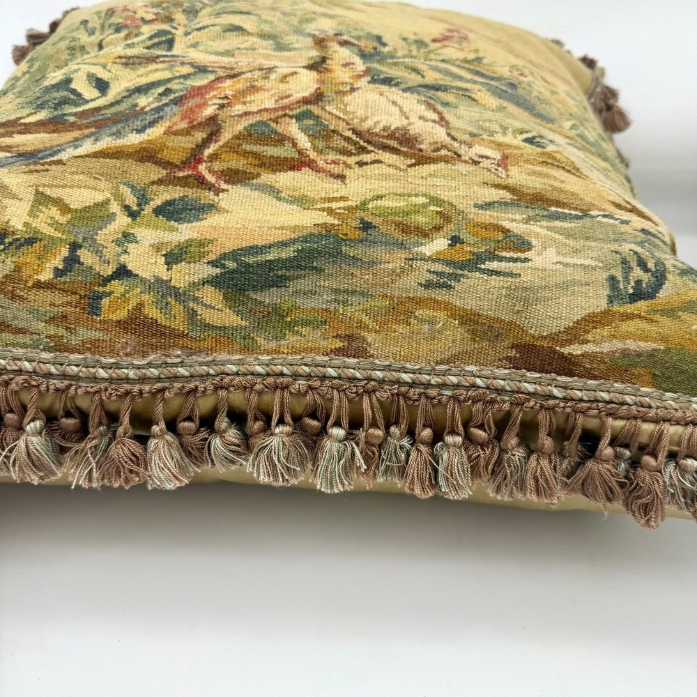 Vintage Handwoven Aubusson Pillow Cover 24x24 Wool Pheasant Floral Gold Fringe - Picture 5 of 16